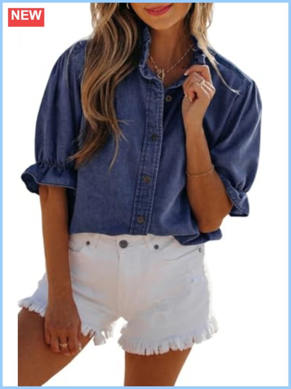 Ruffle Chambray Tunic Top Short Sleeve Button Down Shirt